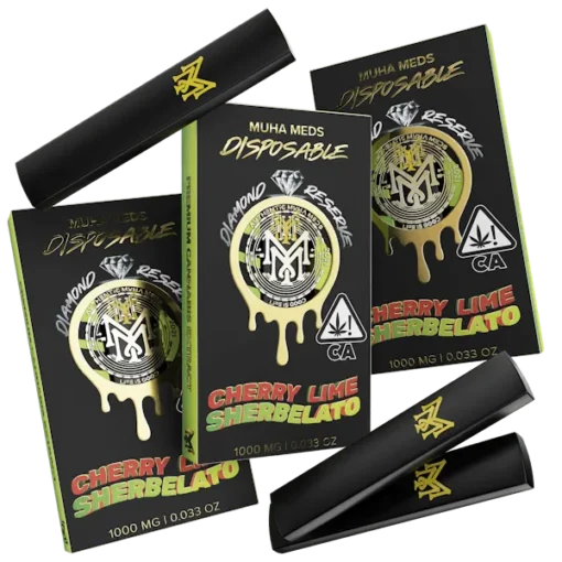 Muha Med Cherry Lime Sherbalato Diamond Reserve Disposable 1000MG – hybrid vape with cherry, lime, and herbal Sherbalato flavors.