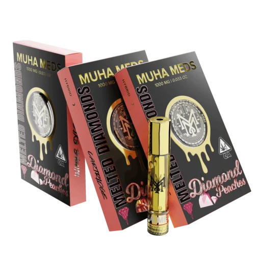 Muha Med Diamond Peaches Melted Diamonds Cart – hybrid cannabis cartridge with juicy peach flavor and rich terpene profile