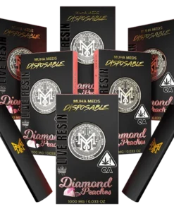 Muha Med Diamond Peaches Dispo Live Resin – hybrid disposable cannabis vape with juicy peach and live resin flavors