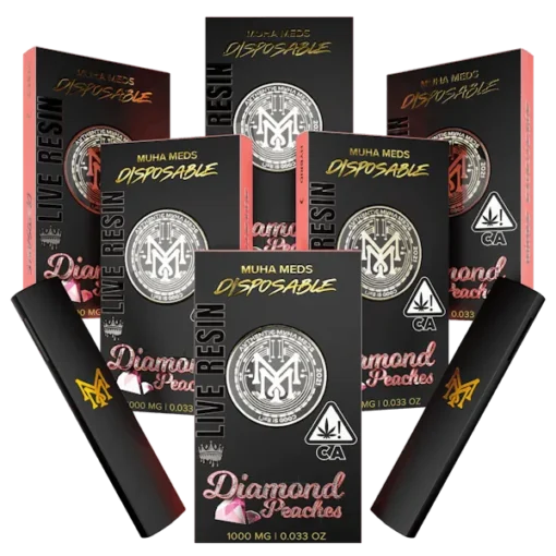 Muha Med Diamond Peaches Dispo Live Resin – hybrid disposable cannabis vape with juicy peach and live resin flavors