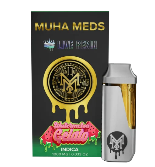 Muha Med Watermelon Gelato Live Resin Disposable vape pen with vibrant watermelon-themed design