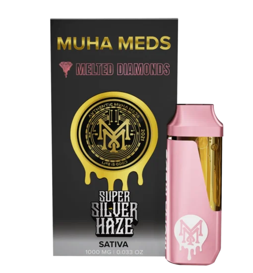 Muha Med Super Silver Haze Melted Diamonds Disposable vape pen with sleek design and glowing melted diamonds