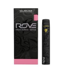 “Rove Fruit Punch Vape Cart showcasing tropical sativa-dominant strain with sweet fruity flavor and uplifting, energizing effects