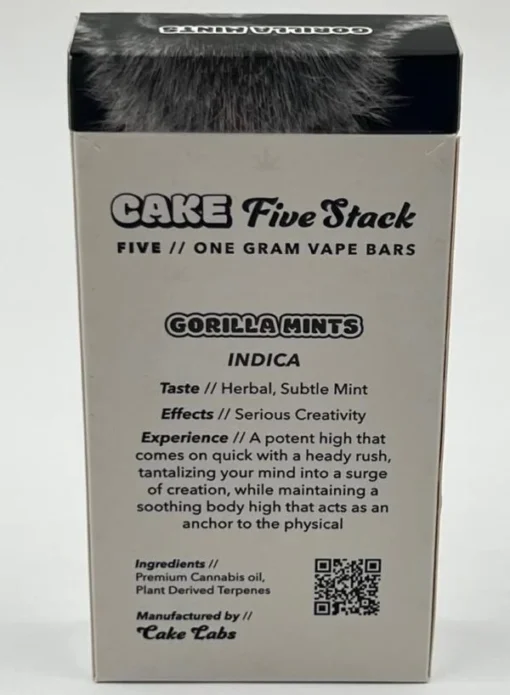Gorilla Mints Cake Gen 1 Disposable 1G vape pen with refreshing mint flavor, earthy undertones, subtle sweetness, smooth hits, and premium potency