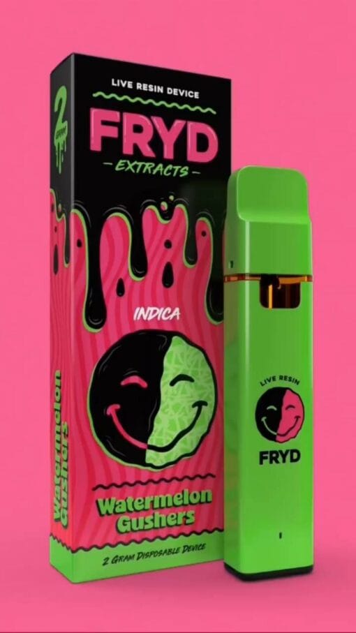Watermelon Gushers Fryd Carts disposable vape with juicy watermelon flavor, sweet candy undertones, smooth hits, premium THC live resin, authentic Fryd candy-inspired vape product.