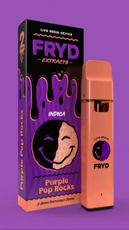 Purple Pop Rocks Fryd Carts disposable vape with sweet grape flavor, tangy fizzy candy notes, smooth hits, premium THC live resin, authentic Fryd candy-inspired vape product