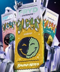 Banana Nerds Fryd Carts disposable vape cart with tangy banana candy flavor, premium THC live resin, smooth hits, authentic Fryd vape product