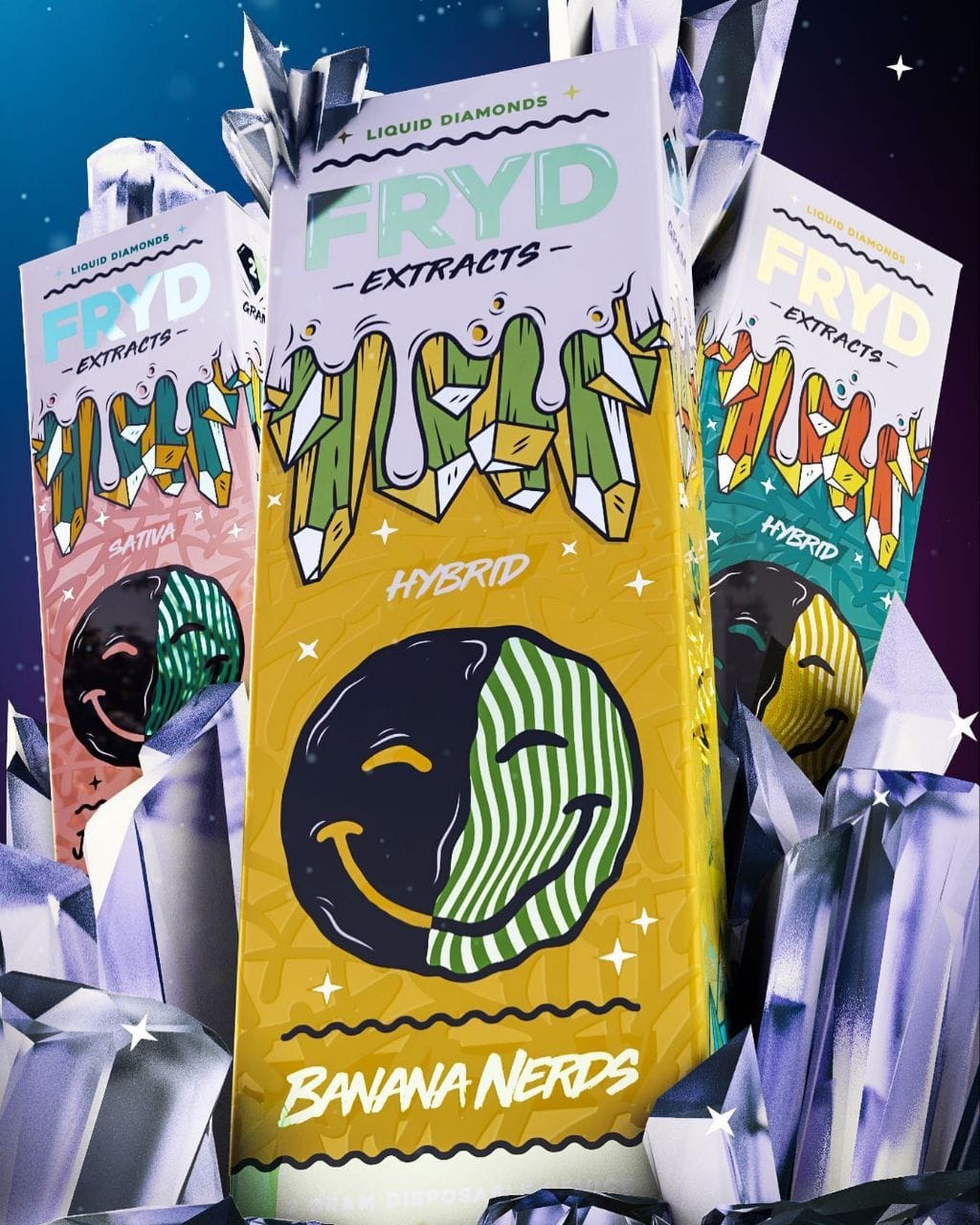 Banana Nerds Fryd Carts disposable vape cart with tangy banana candy flavor, premium THC live resin, smooth hits, authentic Fryd vape product
