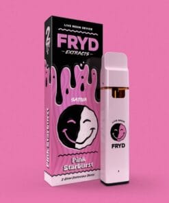 Pink Starburst Fryd Carts disposable vape with sweet strawberry flavor, tangy undertones, smooth hits, premium THC live resin, authentic Fryd candy-inspired vape product