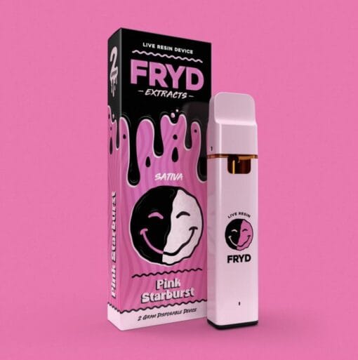 Pink Starburst Fryd Carts disposable vape with sweet strawberry flavor, tangy undertones, smooth hits, premium THC live resin, authentic Fryd candy-inspired vape product