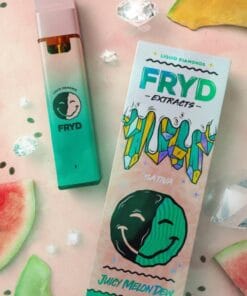 Juicy Melon Dew Fryd Carts disposable vape with sweet, refreshing melon flavor, smooth hits, premium THC live resin, authentic Fryd vape product