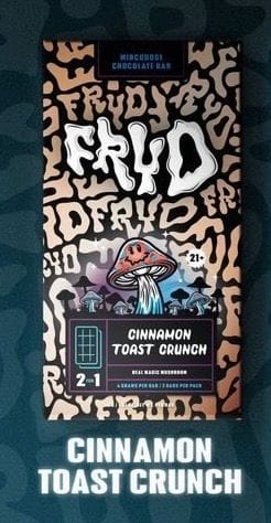 Cinnamon Toast Crunch Fryd Magic Mushroom Chocolate Bar with sweet cinnamon cereal flavor, crunchy chocolate pieces, psilocybin mushrooms, smooth effects, authentic Fryd edible