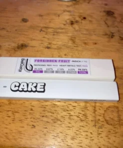 Forbidden Fruits Cake Gen 1 Disposable 1G vape pen with sweet tropical fruit flavor, tangy citrus undertones, smooth creamy hits, and premium potency